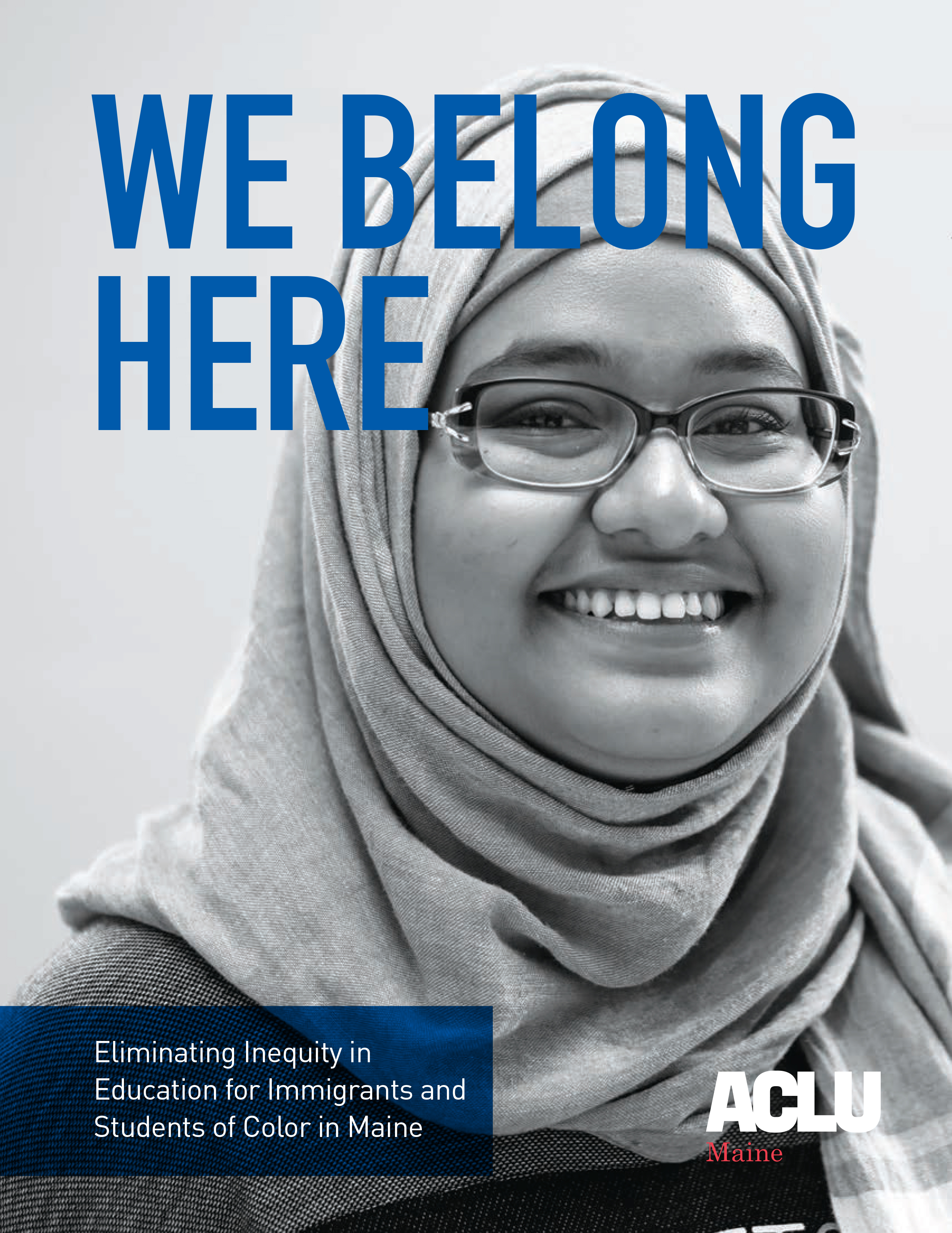 We Belong Here report cover with picture of smiling girl in hijab and glasses