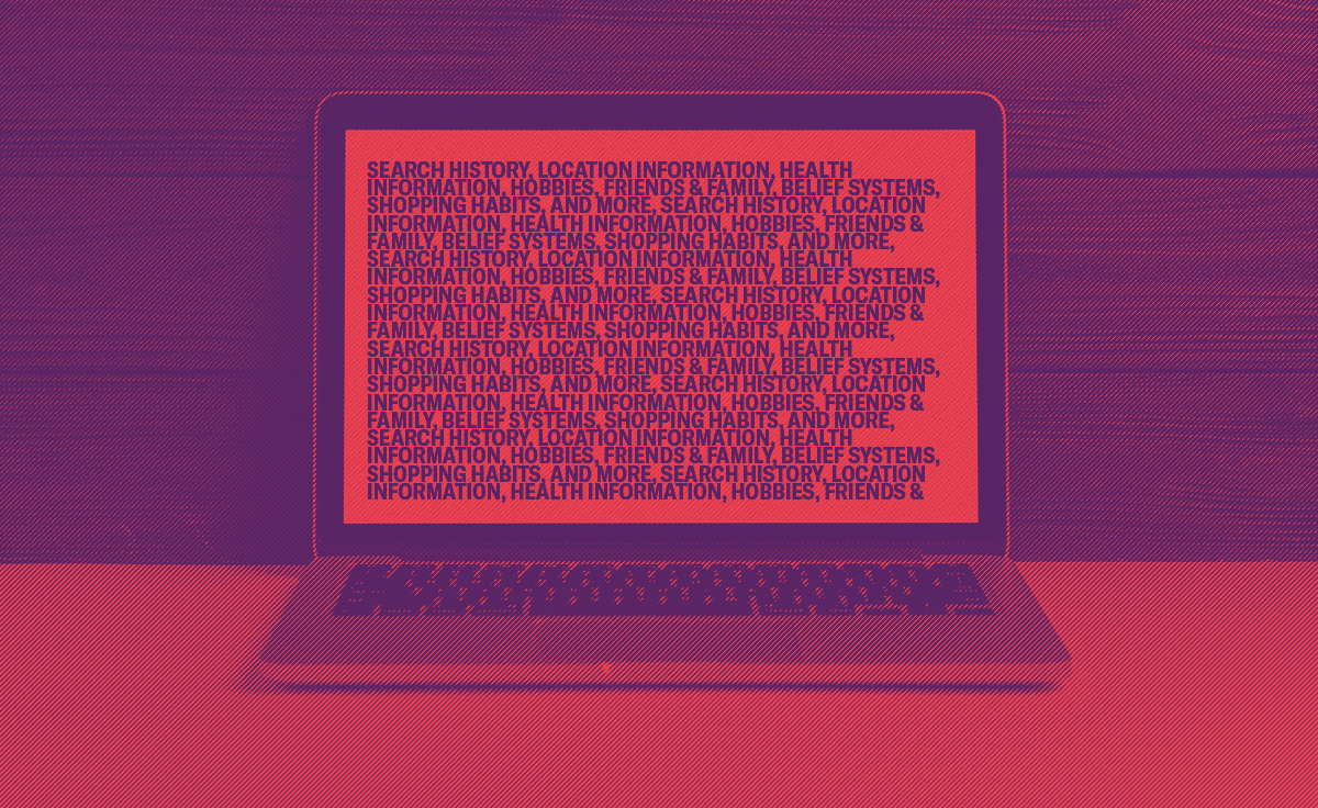 Laptop computer with text on screen listing the types of personal information available to internet service providers after Trump removed internet privacy protections in 2017.