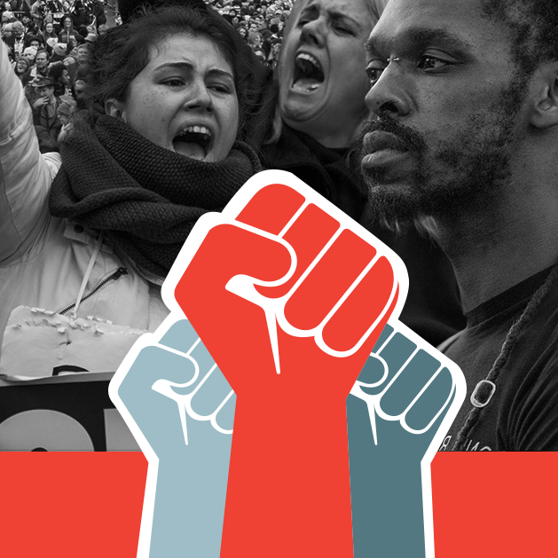 People Power image with black and white photo of marchers and red and gray firsts raised